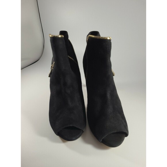 Ann Taylor black heel suede shoes with Gold zipper open toe size 8.5 - Picture 2 of 11